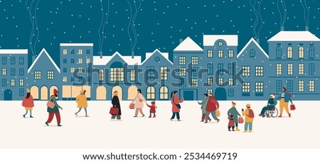 Happy people walking on street on winter holidays. Christmas city panorama. European Old town at Xmas eve with cozy buildings. Snowy cityscape. Flat vector illustration