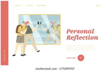 Happy People Walking Outdoors Photographing and Having Fun Landing Page Template. Young Characters Embracing and Make Picture or Selfie in Store Showcase Reflection. Linear Vector Illustration