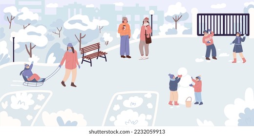 Gente feliz caminando por el parque en invierno. El paisaje invernal. Adultos y niños divirtiéndose. Elevación, construcción de un muñeco de nieve, arrojando bolas de nieve. Actividades de invierno. Ilustración vectorial de dibujos animados.