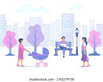 Happy people walking and relaxing in a city park. A woman is walking with a child in a pram. A man sits on a bench with a laptop. A young woman goes shopping. Vector illustration on a white background