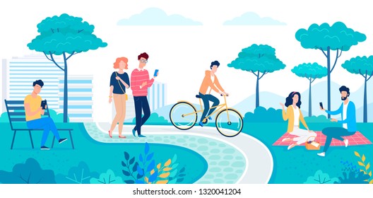 Gente feliz caminando y descansando en el verde eco parque de la ciudad ilustración plana vectorial