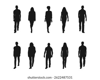 Happy people walking silhouette. Silhouette illustration of diverse people walking. A collection of vector silhouettes of men and women walking. vector isolated on a white background.