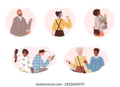 Happy people walking together with shopping bags. Cartoon smiling men and women carrying purchases from shopping mall isolated on white. Vector flat illustrations set