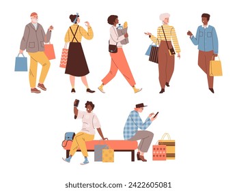 Gente feliz caminando juntos con bolsas de compras. Caricatura de hombres y mujeres sonrientes que llevan compras en centros comerciales. Ilustraciones vectoriales aisladas en blanco