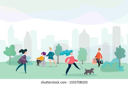 Happy people walking in urban park. Outdoor background - men and women going for a walk. Flat vector illustration.