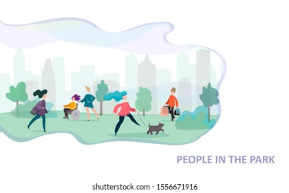 Happy people walking in urban park. Outdoor background - men and women going for a walk. Flat vector illustration with space for text.