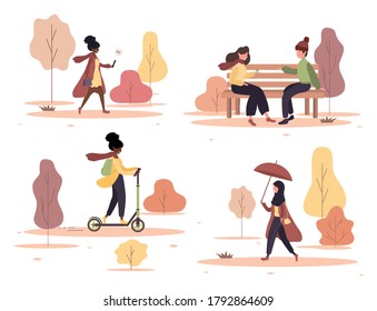 Happy people walks autumn park set. Young woman and man sitting on bench and talking. Citizens strolling with umbrellas, riding kick scooter. Vector illustration in flat cartoon style.
