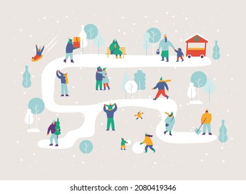 Happy people in warm clothes in snowy winter park. Background people. Winter outdoor activities - skating, skiing, throwing snowballs, building snowman. Flat  Vector people set. Files fully editable. 