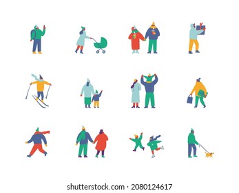 Happy people in warm clothes. Winter outdoor activities - skating, skiing, throwing snowballs, building snowman. Flat vector set