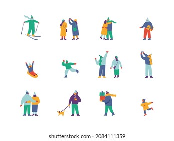 Happy people in warm clothes. Winter outdoor activities - skating, skiing, throwing snowballs, building snowman. Flat vector set