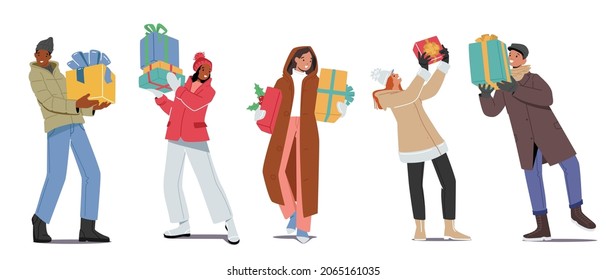 Happy People in Warm Winter Wear and Hats Holding Gift Boxes for Christmas Celebration. Characters Men and Women Buying Presents for Holidays Isolated on White Background. Cartoon Vector Illustration