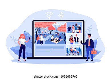 Happy people watching and changing photos online. Network, phone, laptop flat vector illustration. Social media and communication concept for banner, website design or landing web page