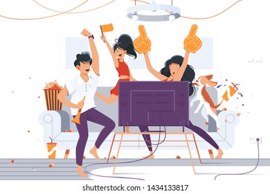 Happy people watching important match and discussing sport game. Girl in red shirt wearing fans giant yellow hands gloves with pointing finger flat style concept