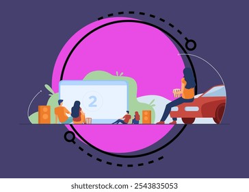 Happy people watching movie outdoor at big screen flat vector illustration. Open night cinema at backyard. Lifestyle, weekend and entertainment concept.