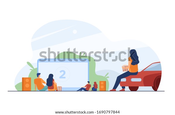 Happy people watching movie\
outdoor at big screen flat vector illustration. Open night cinema\
at backyard. Lifestyle, weekend and entertainment\
concept.