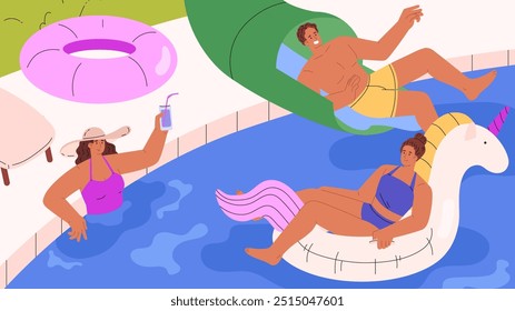 Pessoas felizes no parque aquático, desfrutar de ilustração plana do vetor aquapark. Homem deslizando para baixo um tubo de água deslizante, mulher descansando em unicórnio círculo inflável, bebendo um coquetel. Férias na piscina