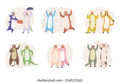 Happy people wearing colorful animalistic kigurumi pajamas having fun dancing pillow fighting flat set isolated vector illustration
