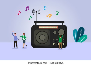 Happy people wearing face mask while listening music on the classic radio. Radio day vector concept