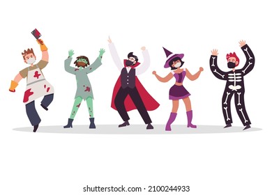 Happy People Wearing Halloween Costume With Face Mask