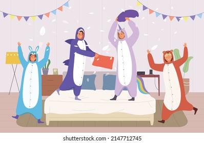 Happy people wearing kigurumi pyjamas having fun and pillow fight in bedroom during sleepover flat composition vector illustration