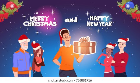 Happy People Wearing Santa Hats Man Holding Present Box Christmas And New Year Holidays Celebration Poster Flat Vector Illustration