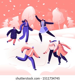 Happy People Wearing Warm Clothes Skating on Frozen Pond. Skaters on Ice Rink Engaged Winter Activities and Sports. Winter Holidays Festive Season, Family Spare Time. Cartoon Flat Vector Illustration