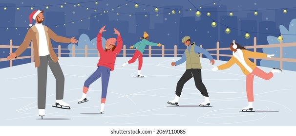 Happy People Wearing Warm Clothes Skating on Frozen Pond. Skaters on Ice Rink Engaged Winter Activities and Sports. Winter Holidays Festive Season, Family Spare Time. Cartoon Vector Illustration