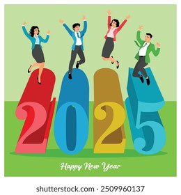 Happy people welcome the new year 2025. A new year with new hopes. Happy New Year 2025 concept. Flat vector illustration.