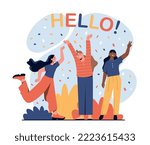 Happy people welcome newcomers. Women rejoice on background of confetti. Festival or holiday, design for greeting postcard. Friendly and welcoming characters. Cartoon flat vector illustration