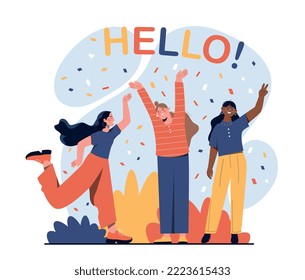 Happy people welcome newcomers. Women rejoice on background of confetti. Festival or holiday, design for greeting postcard. Friendly and welcoming characters. Cartoon flat vector illustration