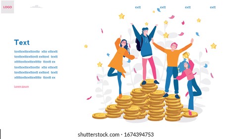 Happy people win golden cup and big money. Celebration of win on falling down confetti background.  Vector illustration for web banner, infographics, mobile. promotion advertising.