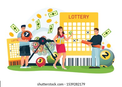 Gente feliz gana dinero en lotería de bingo. Dibujo de dibujos animados planos vectorial para juegos de casino o de apuestas. Hombre y mujer cruzan números en el billete de lotería y sostienen bolas con números.