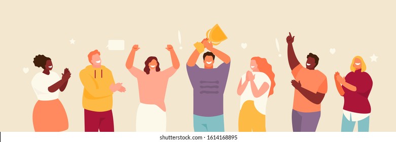 Happy people winners with a cup. Success and teamwork vector illustration