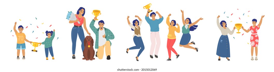 Happy people winners, flat vector isolated illustration. Kids and adults, pet dog owners celebrating victory holding prizes, trophy cups, jumping and having fun.