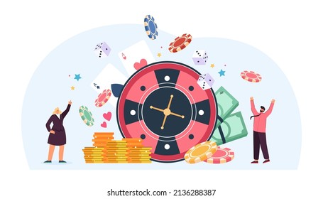 Happy people winning money in casino roulette and poker. Tiny man and woman playing online gambling games, standing with fortune wheel, cards and chips flat vector illustration. Gamble, risk concept