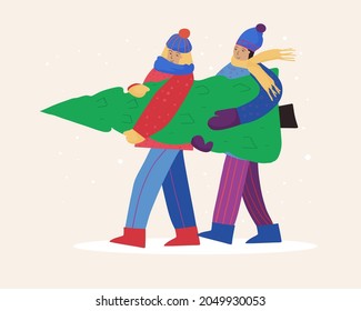 Happy people in winter clothes are carrying the New Year tree, getting ready for the Christmas holiday. Vector flat poster.