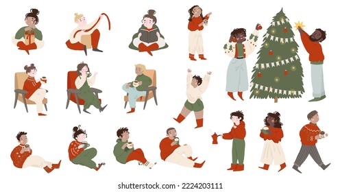 Happy people at winter holiday eve at home. Merry friends, couples decorating Xmas tree, wrapping Christmas gifts, talking, drinking coffee. Flat vector illustrations isolated on white background