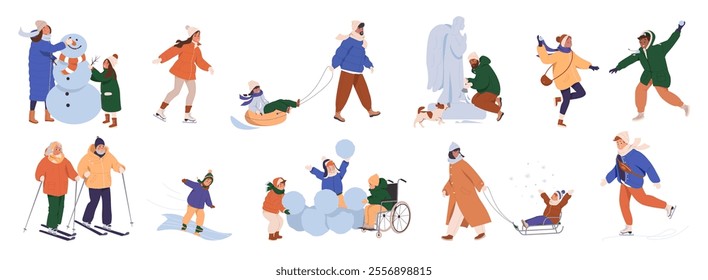 Happy people at winter outdoor activities set. Characters skate, ski, sledding, playing snowballs, and build snowman together. Winter activities and leisure. Cartoon flat vector isolated on white.