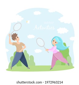 Happy people, woman and man, playing badminton outdoor.  Cloudy blue sky and forest background. Text - summer activities