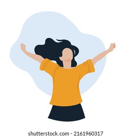 Happy people. The woman raised her hands up and rejoice in life. The girl's hair flutters in the wind. Vector image.