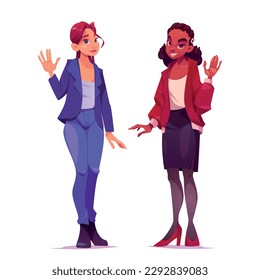 Happy people, women waving hand. Different female characters with greeting gesture. Caucasian and african american girl in office style, vector cartoon illustration
