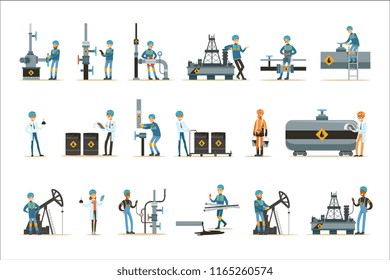 Happy People Working In Oil Industry Set Of Cartoon Characters Working At The Pipeline And Petroleum Extraction Machinery