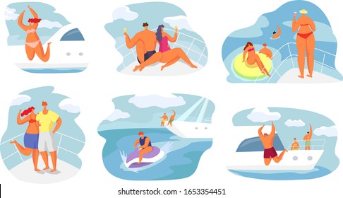 Happy people at yacht party, relaxing and having fun vector illustration. Flat characters, men and women swimming in the sea, jumping from yacht, taking photos, sunbathe on yacht, and celebrate party.
