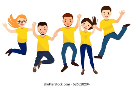 Happy people in Yellow T-shirts jumping celebrating victory. Isolated on a white background. The concept of friendship, healthy lifestyle, success. Vector illustration in a flat style