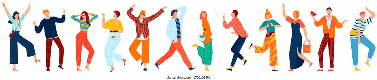 Happy people, young joyful laughing men and women dancing, jumping with raised hands isolated set of flat vector illustrations. Happy positive peole rejoicing together in dance, happiness, friends.