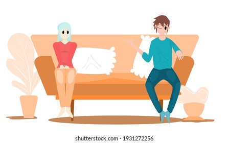 Happy people, Young men and women who are sitting and chatting on the sofa smiling Playfully. Flat style vector illustration for vacation, male female character, happy, chatting, relaxation lifestyle 