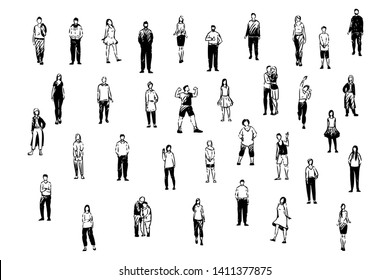 Happy People, Young And Old Couples, School Students, Adults In Casual And Formal Clothes, Friends And Family Set. Various Friendly Men And Women Concept Sketch. Hand Drawn Vector Illustration