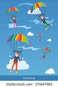 Happy peoples plans with parachute. Group of happy parachutists descend from the sky on parachutes fly between the clouds. Web banners, marketing and promotional materials, presentation templates 