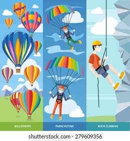 Happy peoples plans with parachute. Man doing rock climbing. Colorful hot air balloons flying over the mountain. Icons of traveling, planning summer vacation, tourism and journey objects