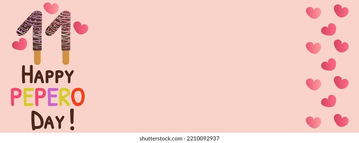 Gráfica del vector de fondo del día de pepero feliz con espacio de copia para texto. El chocolate sumergió palos de pepero en la forma de 11° número y bonitos corazones rosados. Ilustración del vector